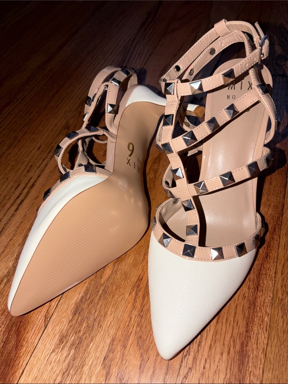 Studded Pointed-Toe Strappy Heels in White and Nude